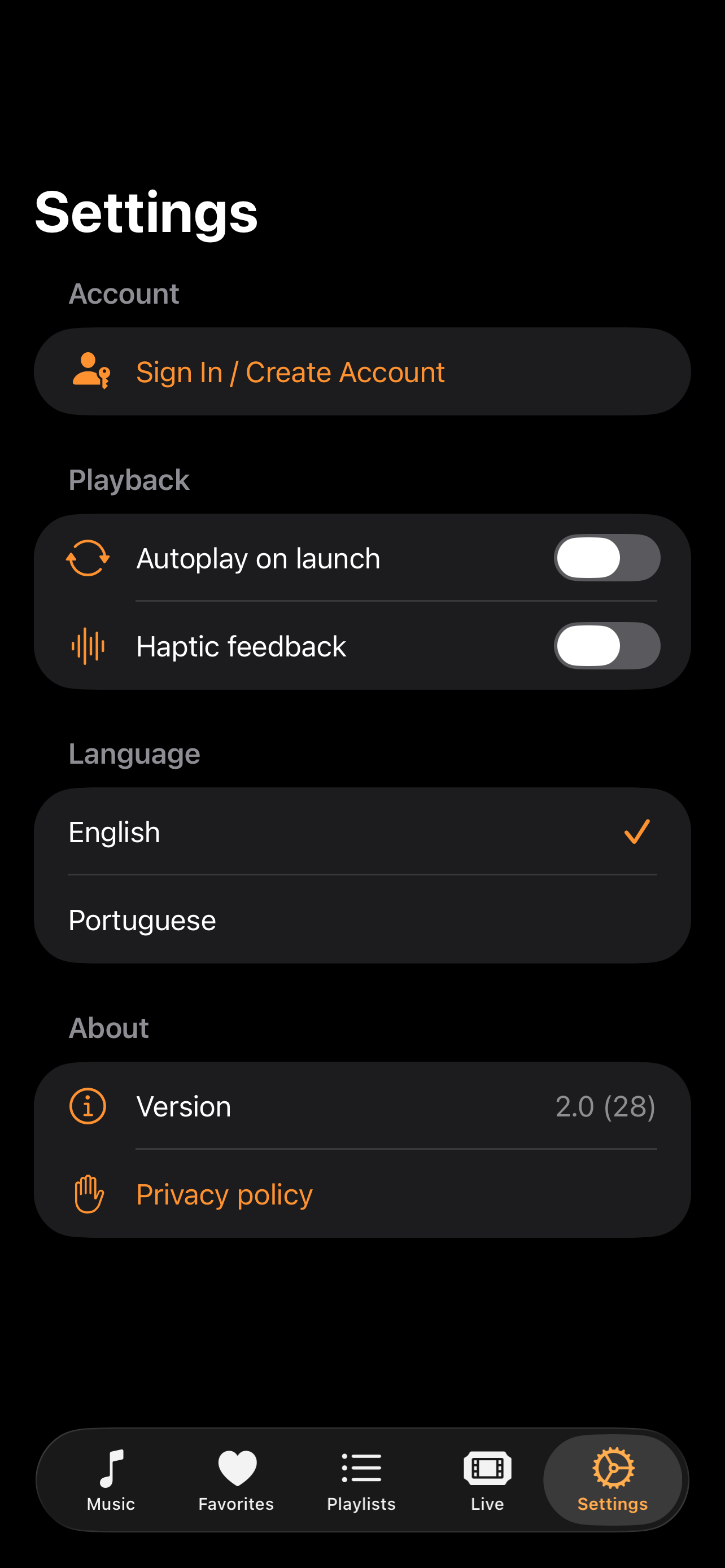 dMusik Settings screen